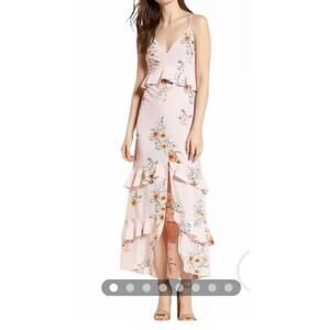LUSH Pink Floral Tie back, sundress, cocktail dress, size small, ruffled skirt